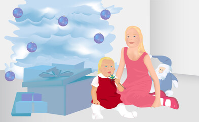 Portrait of two girls sitting in front of a decorated Christmas tree