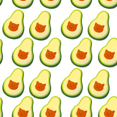 Cat Avocato seamless pattern on white background. Cute cartoon avocado with a cat's face.