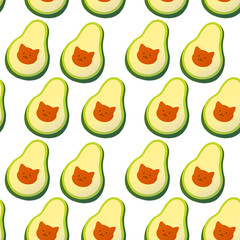 Cat Avocato seamless pattern on white background. Cute cartoon avocado with a cat's face.
