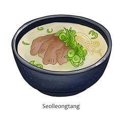 Seolleongtang or ox bone soup - hand drawn illustration on white background. Traditional Korean soup. 