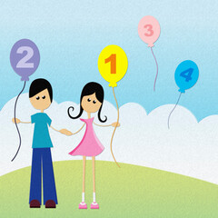 Portrait of a boy and a girl holding hands and a balloon