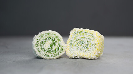 yellow and greendelicious Turkish Delight on gray background