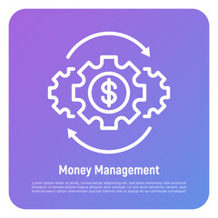 Money management thin line icon. Investment, financial circulation, financial operating, income from funds. Gear with arrows. Vector illustration.