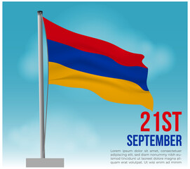 flag of Armenia. Armenia independence day or republic day vector illustration.  Armenian flag on pole with sky background. Armenia wavy flag. Armenia independence day greeting card template.