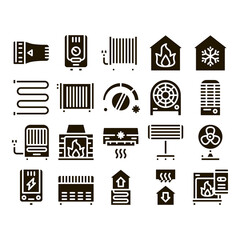 Heating And Cooling Collection Vector Icons Set Thin Line. Cool And Humidity, Airing, Ionisation And Heating Glyph Pictograms Black Illustrations