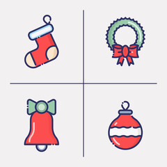 Christmas and New Year thin line decoration: bell, decorative ball, sock, garland  for web page, banner, invitation, greeting card, print media. Vector illustration.