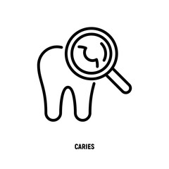 Tooth with caries under magnifier. Toothache. Thin line icon. Dentistry, stomatology. Vector illustration.