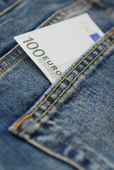 Close-up of one hundred Euro banknote in a back pocket