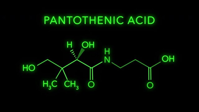 Pantothenic Acid or Vitamin B5 Molecular Structure Symbol Neon Animation on black background