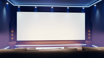 Beautiful home theatre. Modern cinema at the house. Multimedia room. Big screen.