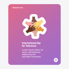 International day of tolerance. Multicultural partnership, pacifism, support and help to integration. Hands of different nationalities. Flat icon. Vector illustration.