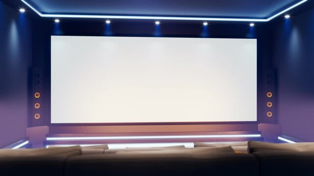 Beautiful home theatre. Modern cinema at the house. Multimedia room. Big screen.