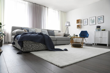 Elegant living room with comfortable sofa near windows. Interior design