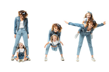 collage of mother and daughter in denim outfits spending time isolated on white