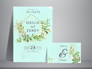 Greenery floral watercolor wedding invitation card template