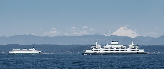 Two Washington State Ferries crossing on Puget Sound with Mt Baker in the background