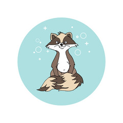 Baby raccoon with a fluffy tail is hungry and angry. Sticker with a cartoon character.