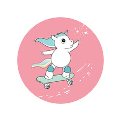 Baby unicorn on a skateboard flying to the stars. Sticker with a cartoon character.