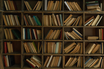 Books on shelves in a wooden rack. Bookshelf is like a background. High quality photo. © Svyatoslav Lypynskyy