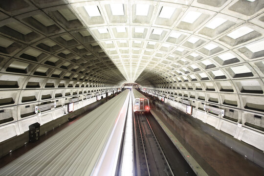 WASHINGTON OCT 10:the metro train move fast in the channel in washington on 10 October 2016. Washington Metro, known as Metro and branded Metrorail, is the rapid transit system serving the Washington