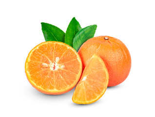 Orange fruit sliced with leaves isolated on white background