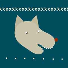 Cute wolf with ethnic motives on the dark blue background  in hand-drawn style. Print for t-shirt , badge, clothes.