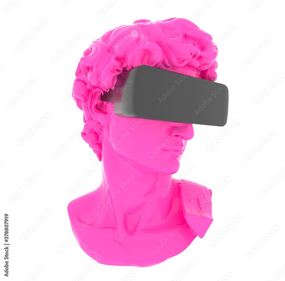 Poster Postmodern style illustration from 3D rendering of classical head sculpture with VR visor headset.