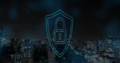 Security padlock icon against cityscape - Powered by Adobe
