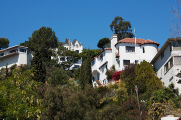 Low angle view of houses on a hill, Hollywood Hills, Hollywood, Los Angeles, California, USA