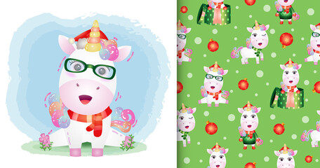 a cute unicorn christmas characters with santa hat and scarf. seamless pattern and illustration designs