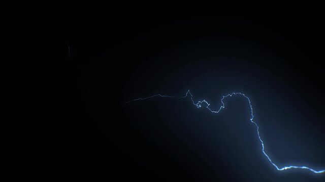 Beautiful Super Slow Motion Lightning Strikes from Skies to Camera. Realistic Thunderbolts Isolated on Black Background with Bright Blue Flashes. Electrical Storm Looped 3d Animation 4k UHD 3840x2160