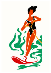 Speed at sea. Stylized drawing of a girl on water skis. Vector image for logo or illustrations.