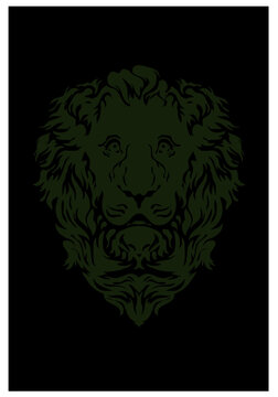 Copper lion on a black background. The head of a big cat. Stylized vector image for logos and illustrations.