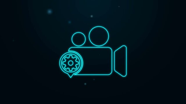 Glowing neon line Movie or Video camera and gear icon isolated on black background. Adjusting app, service concept, setting options, maintenance, repair, fixing. 4K Video motion graphic animation.