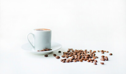 small cup of hot tasty coffee near brown beans on the white background