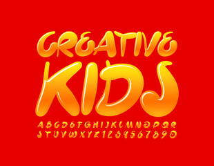 Vector bright emblem Creative Kids. Glossy gradient Font. Artistic trendy Alphabet Letters and Numbers set