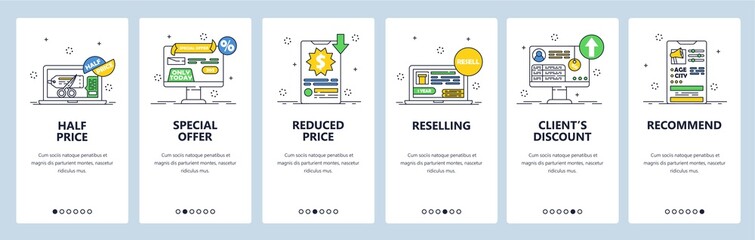 Online shopping special offers, discounts, half price, reselling. Mobile app screens, vector website banner template.