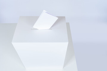 White concept of voting in elections. A box with a slot and a Bulletin. State elections. Opinion poll. The public referendum. presidential election.