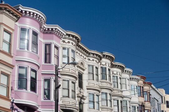 Low angle view of Victorian style houses, San Francisco, California, USA