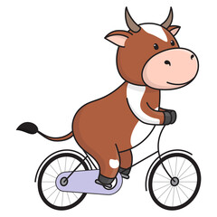 A cute red spotted bull or cow rides a Bicycle, does sports. 2021 is the year of the Ox according to Chinese calendar. Ready-to-print stock flat illustration isolated on white background