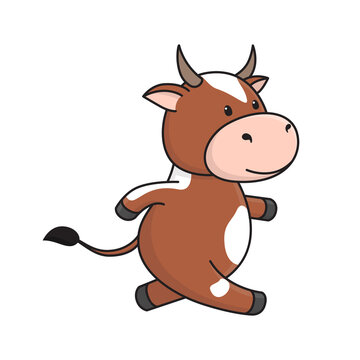 Cute red bull or cow runs, goes in for sports, athletics.  2021 is the year of the Ox according to Chinese calendar. Ready-to-print stock flat illustration isolated on white background