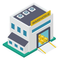 
Commercial warehouse building, isometric vector, parcel storage house.
