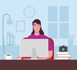 telework, young woman with laptop working from home vector illustration design