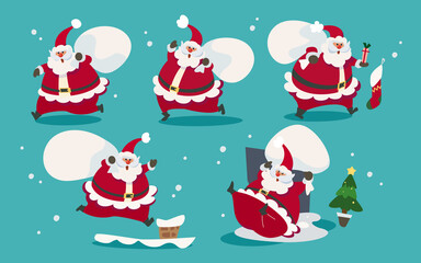 Cute cartoon Santa Claus character running with bag. For Christmas and Happy New Year cards, banners, tags and labels.