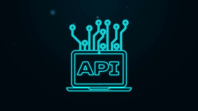 Glowing neon line Computer api interface icon isolated on black background. Application programming interface API technology. Software integration. 4K Video motion graphic animation.