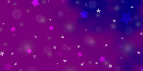 Light Purple, Pink vector background with circles, stars. Illustration with set of colorful abstract spheres, stars. Pattern for design of fabric, wallpapers.