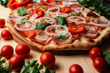 pizza with salami bacon tomatoes peppers onions and Basil herbs