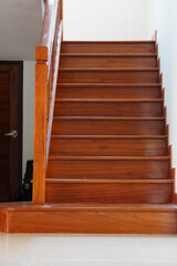 view of wooden glossy stairs from upword showing a beautiful scenery hunged on the wall