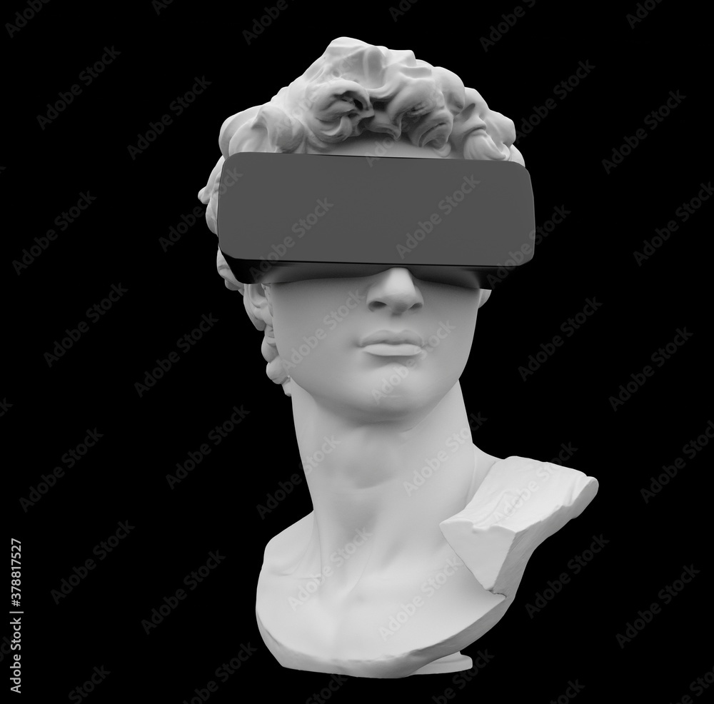 Poster postmodern style illustration from 3d rendering of classical head sculpture with vr visor headset.