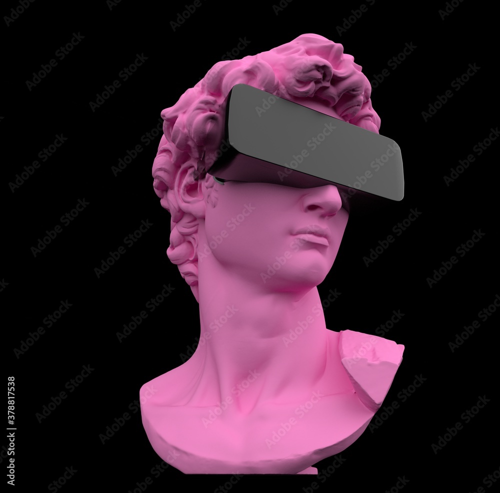 Poster postmodern style illustration from 3d rendering of classical head sculpture with vr visor headset.